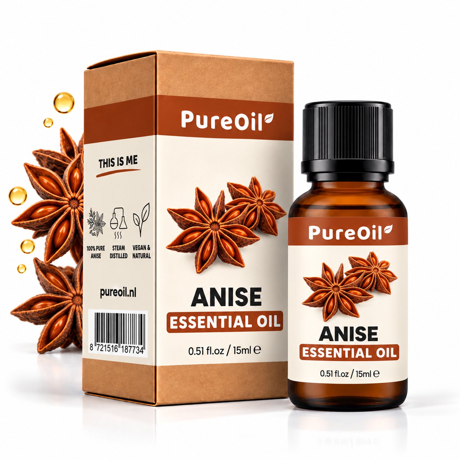 PureOil® – Anijs Etherische Olie - 15ml - Steranijs - 100% Puur, Natuurlijk & Vegan – Voor Huid | Gezicht | Scalp | Diffuser | Aromatherapie