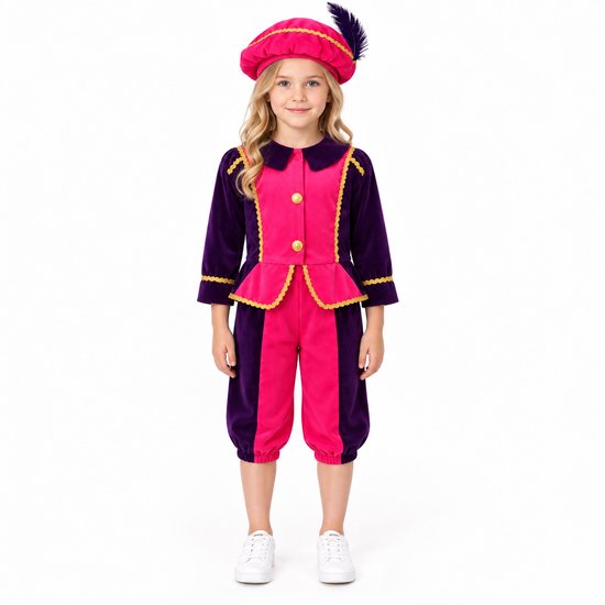 Meisje in roze en paars fluwelen Pietenpak met gouden boordsels en bijpassende muts met zwarte veer.
