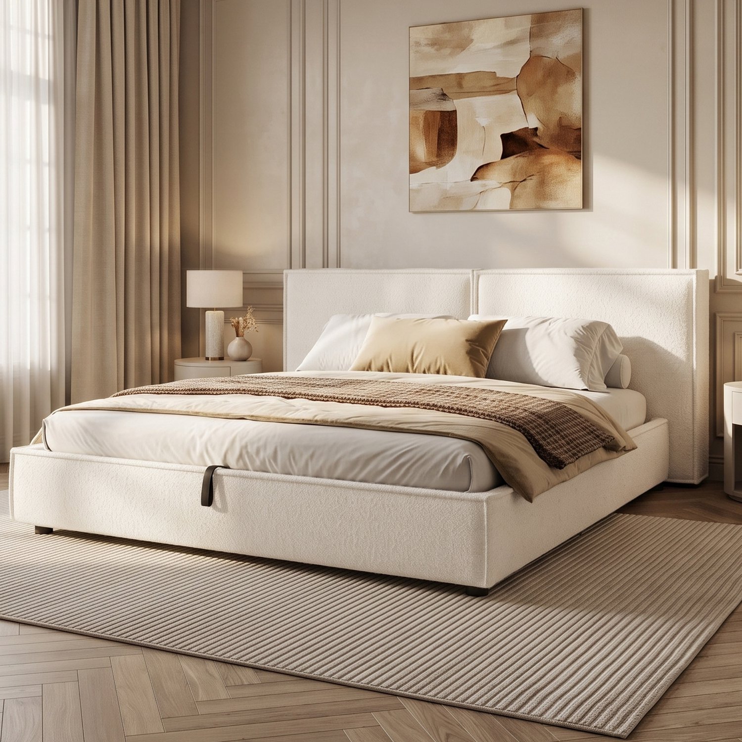 WUVRIE Gestoffeerd opbergbed 180x200 cm - Hydraulisch met lattenbodem en hoofdbord - Wit bouclé