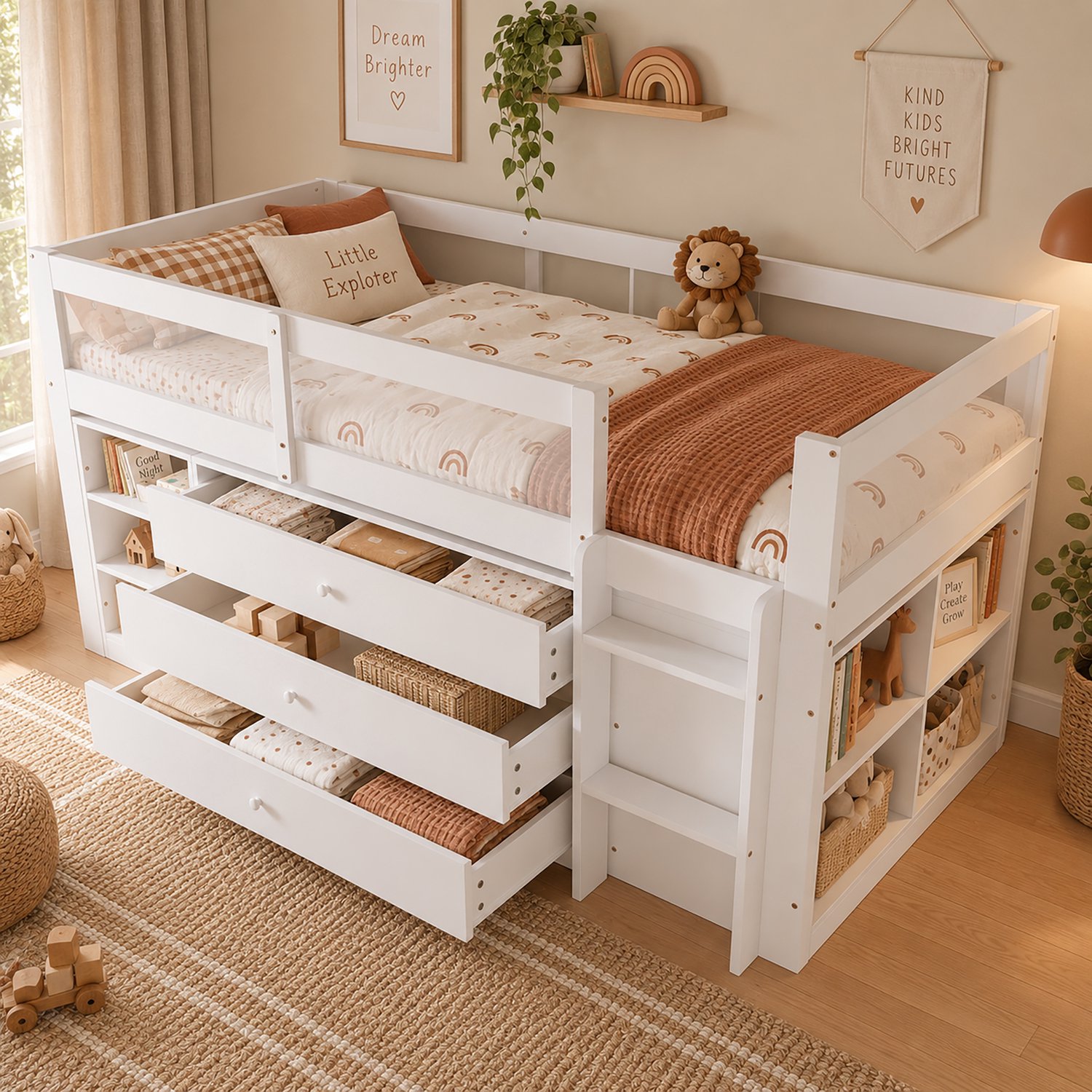 MIVRAY Kinderbed 90x200 cm - Halfhoogslaper Met Acryl Uitvalbeveiliging - 3 Lades En Open Vakken - Kinderkamer - Hout - Wit - Zonder Matras