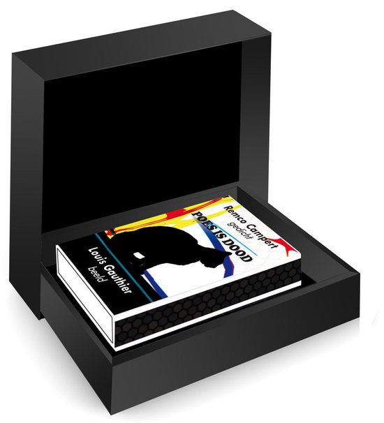 Het boek 'Poes is dood' in een open, luxe zwarte geschenkdoos van MatchBoox.