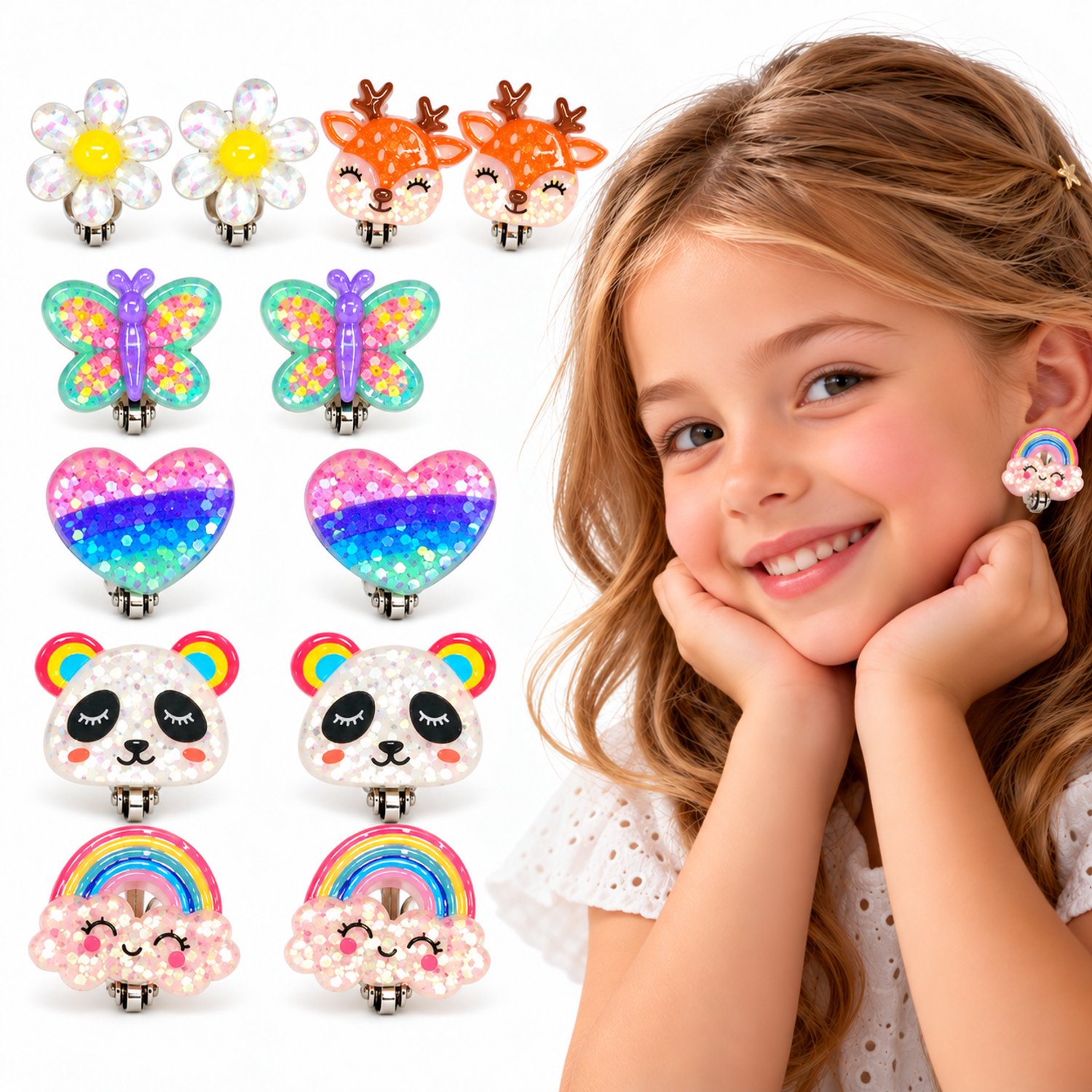 Tolvia Kinder Oorbellen Clips - 6 Paar Clip-on Oorbellen voor Meisjes - Panda, Hertje & Vlinder - Oorbellen Zonder Gaatjes - Kinder Sieraden