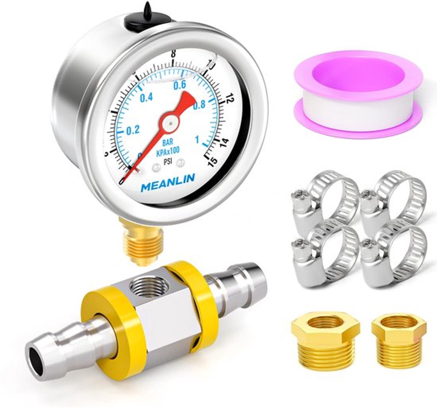 0~1BAR/15PSI Roestvrij staal glycerine gevulde brandstof manometer 1/8"BSP 1.5"gezicht DIAL,Met 3/8" brandstofleidingdrukadapter, onderste bevestiging (9Pieces Kit, Back Mount)