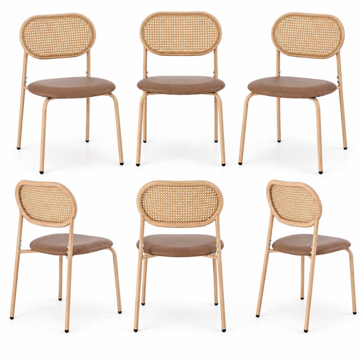 LONG DRAGON - Eetkamerstoelen - Set van 6 - Rotan rugleuning - Vier metalen poten - Voor woonkamer en slaapkamer - Bruin