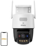 Imou Titan Pro beveiligingscamera met witte behuizing, zwarte PTZ-kop en smartphone met Imou-logo ernaast.