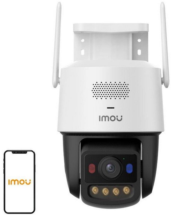 Imou Titan Pro beveiligingscamera met witte behuizing, zwarte PTZ-kop en smartphone met Imou-logo ernaast.