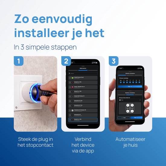 Drie stappen installatiegids voor de smart plug: inpluggen, verbinden via de app en automatisering instellen.
