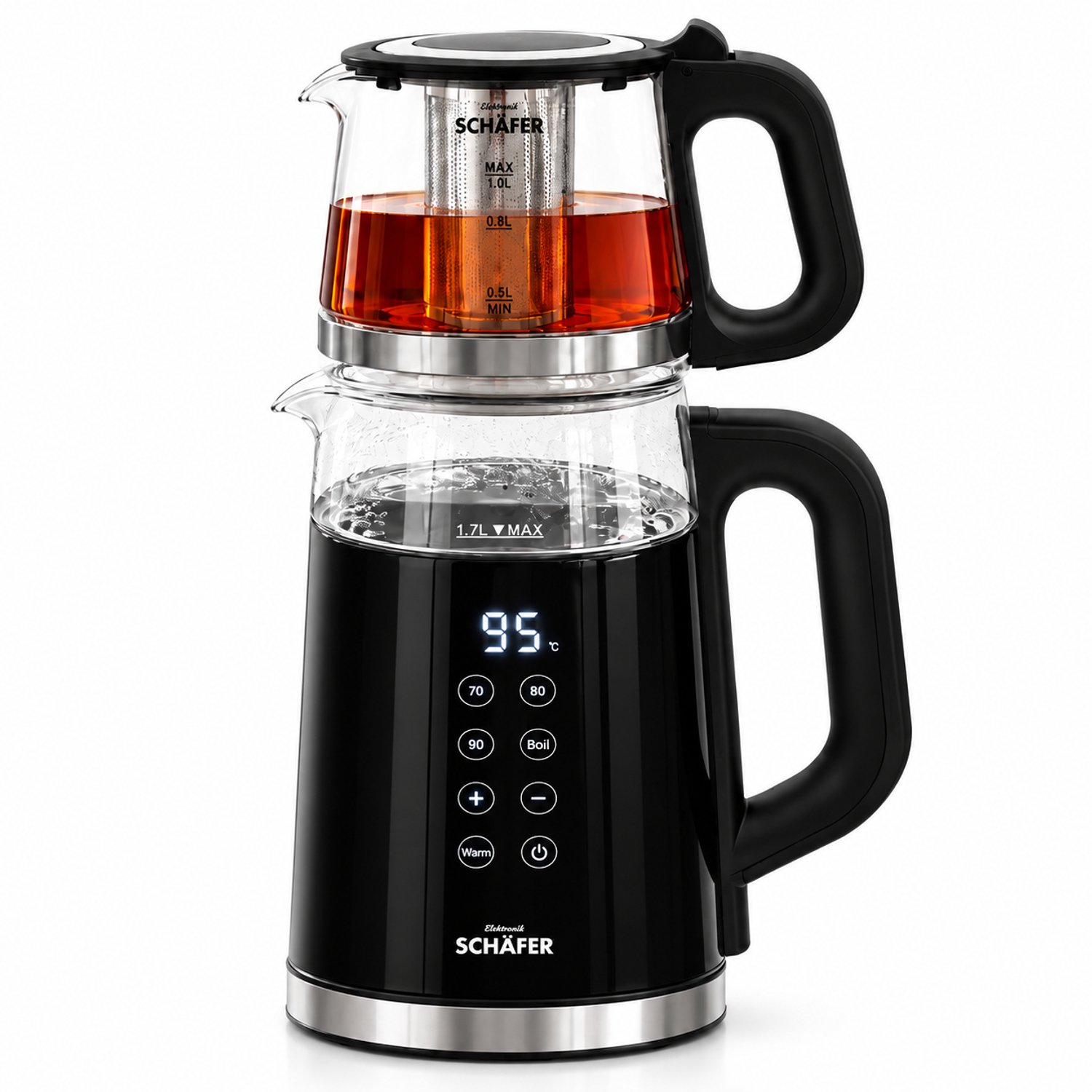 Schäfer Turkse elektrische theepot 2,9 liter - Caydanlik Cayci Demlik - elektrische Turkse theemaker met glazen theepot 1,2L en waterkoker 1,7L - 1500W - digitale temperatuurregeling - warmhoudfunctie - Semaver Samovar - RVS theefilter - zwart