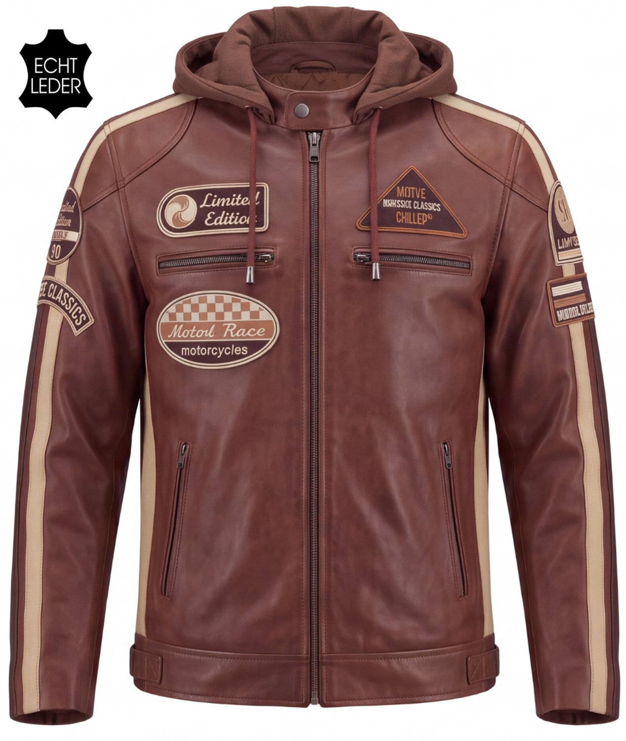 Vinto® Leren Jas Heren - 100% Echt Lams Leer - Winterjas - Biker Jack - Met Zakken en Binnenzak - Tussenjas met Capuchon - Winddicht - Bruin - Maat XXL