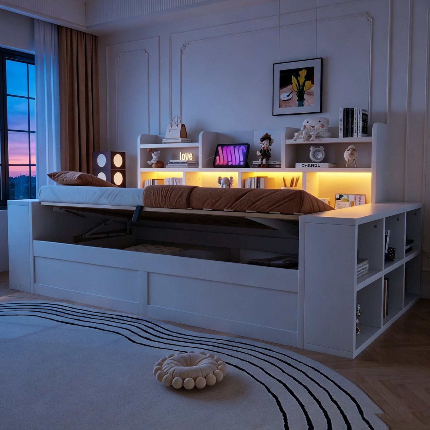 Wishdor Slaapbank 90x200 cm - Hydraulische opbergruimte onder het bed - Vakken in rug- en armleuningen - LED-verlichting en stopcontacten - Modern - Woonkamer en logeerkamer - MDF en hout - Wit