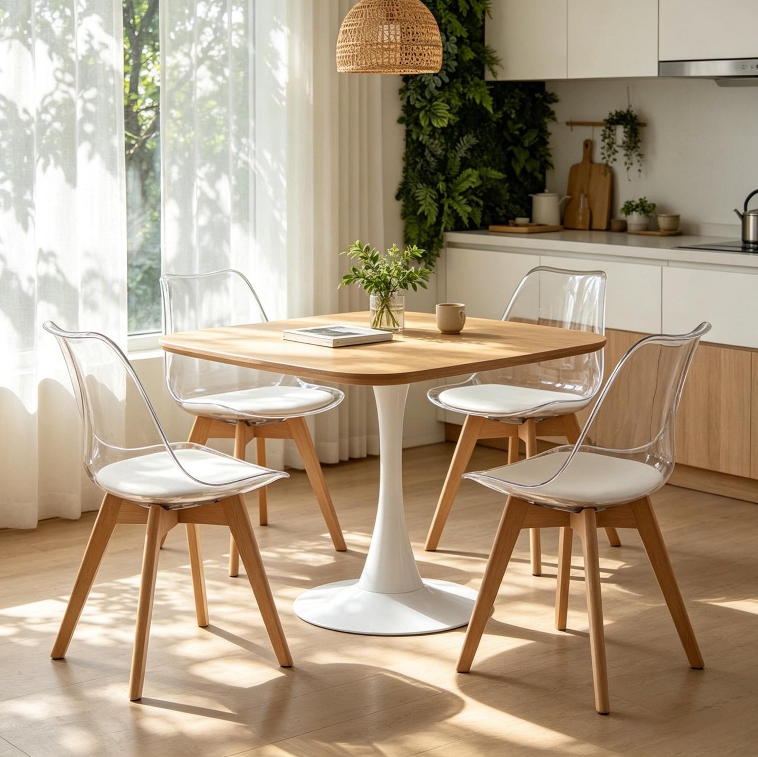 CHICFURN Eetkamerstoelen set van 4 - Kunstleren zitkussen - Houten poten - Wit