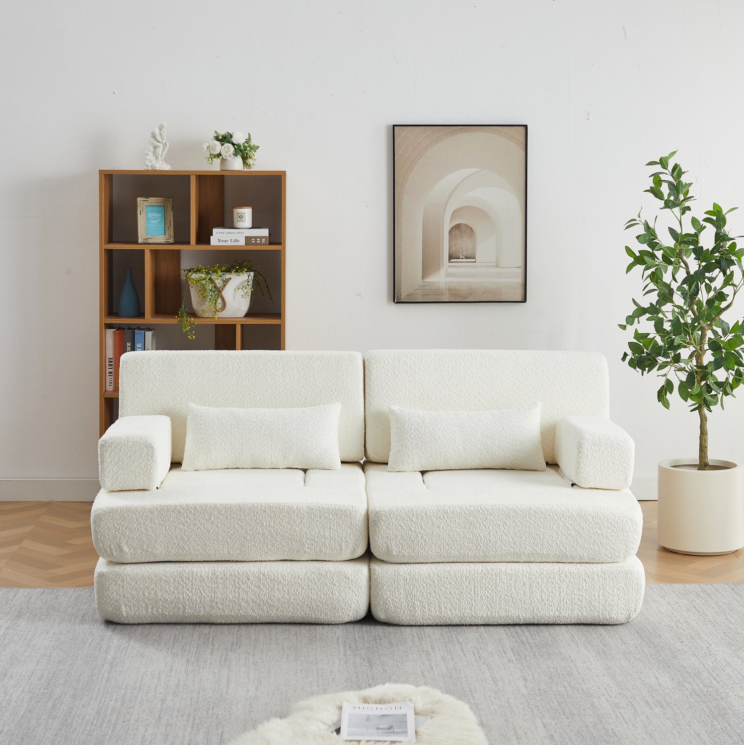 MIVRAY Slaapbank 182 x 90 x 80 cm - Modulaire Bank en Logeerbed - Opvouwbaar voor Woonkamer en Slaapkamer - Chenille Beige