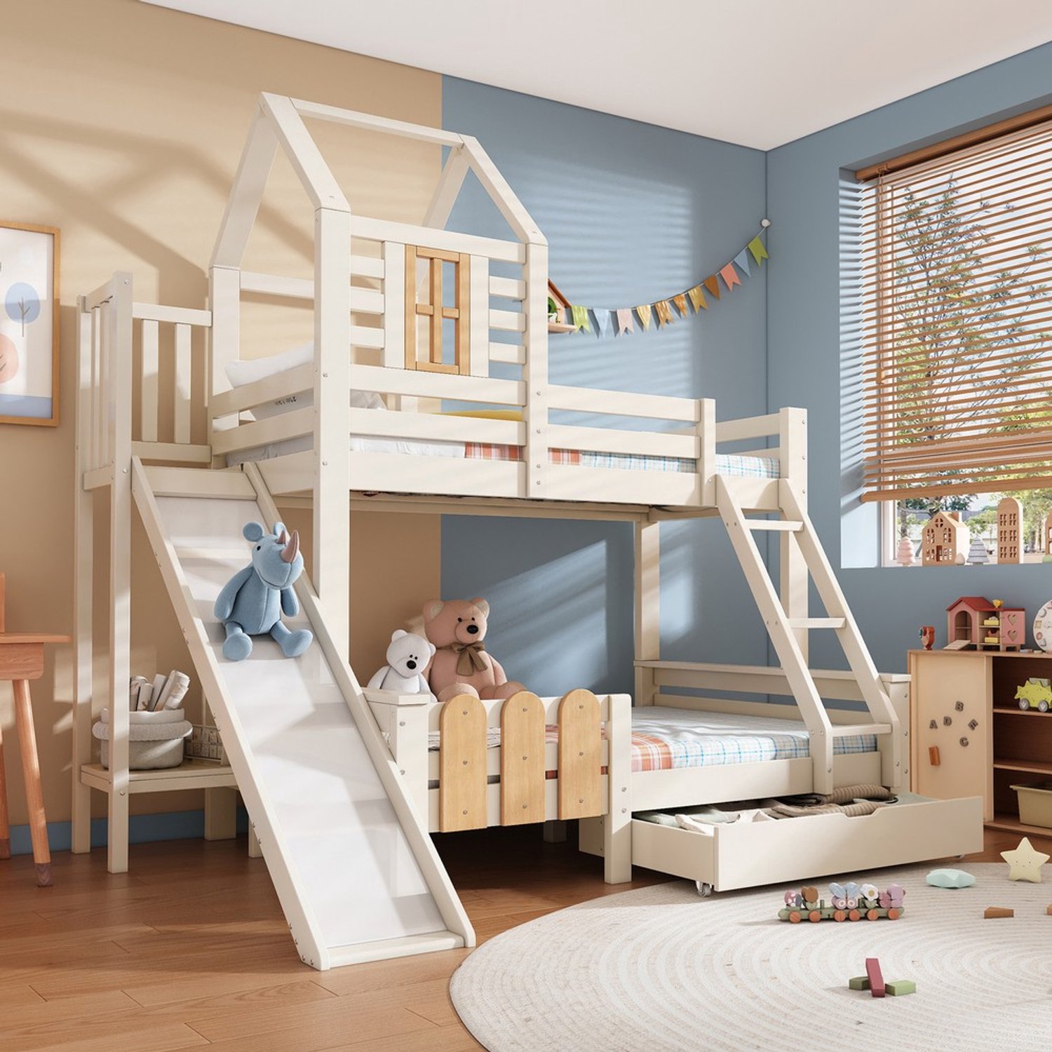 KOMHTOM Stapelbed - 140x200 cm - Lattenbodem - Glijbaan - Ladder - Lade Wit