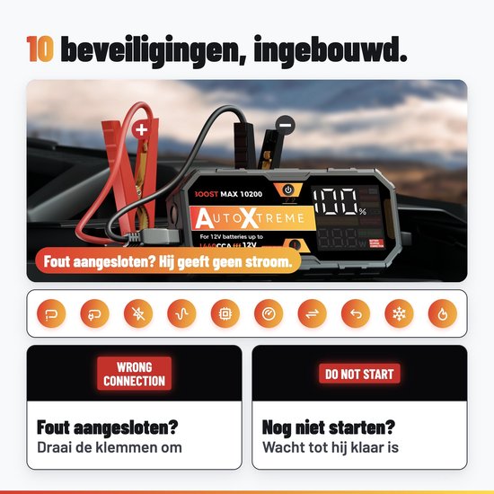 AutoXtreme jumpstarter met 10 ingebouwde veiligheidsfuncties.