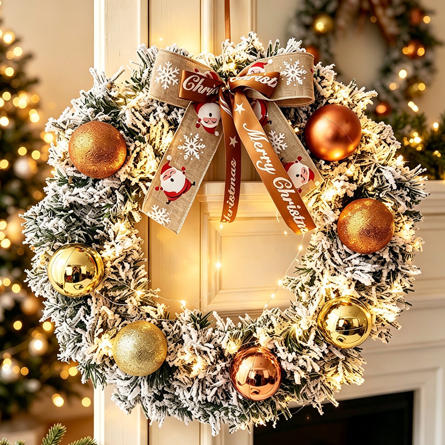 Premium Kerstkrans- met Decoraties & LED verlichting(40cm) - Groen - Met 20 Led Lampjes op Batterijbox - deurkransen kerstversiering- Kerstdecoratie - Kerstmis – foto 6