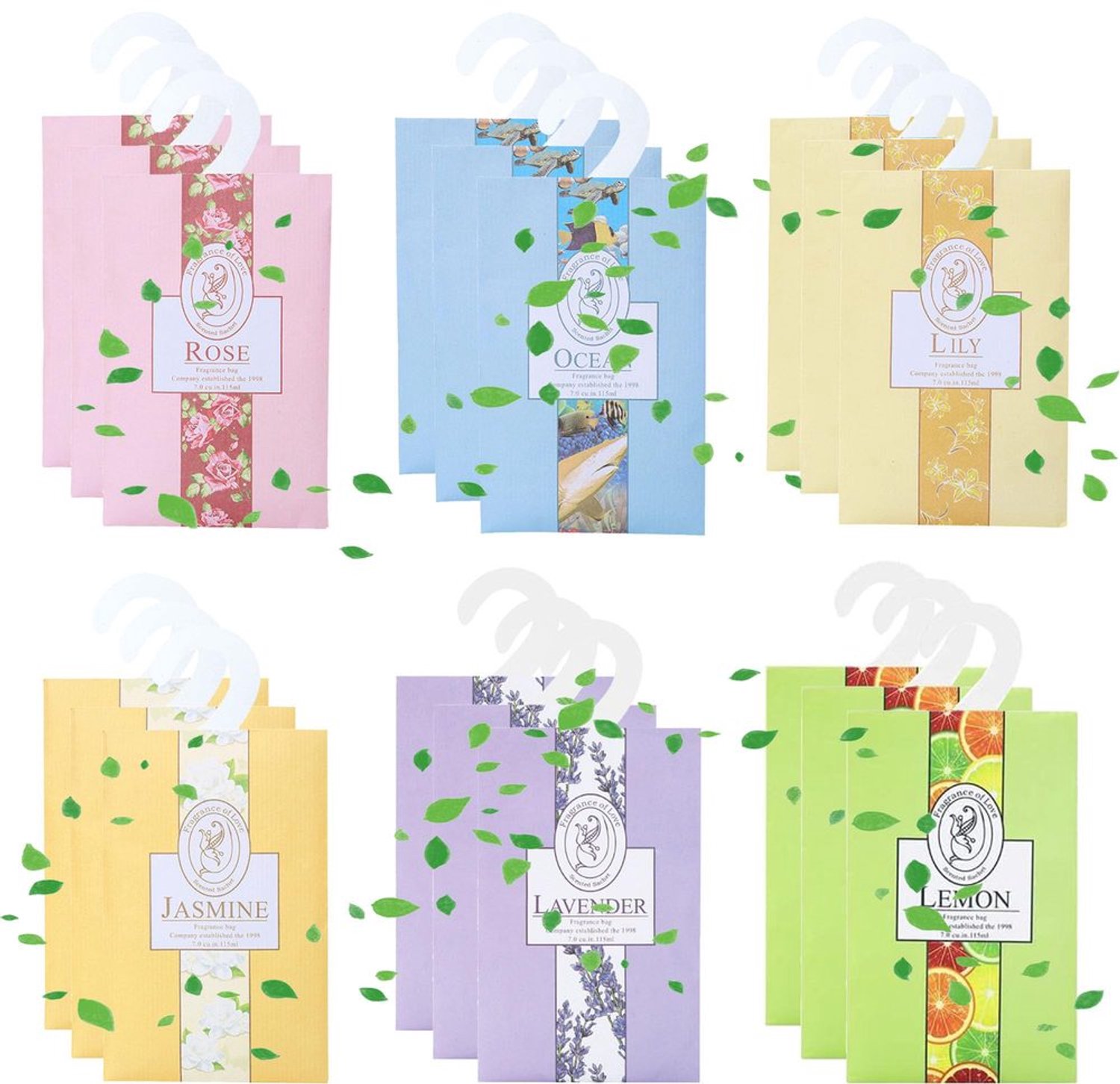 Geurzakjes 18 Stuks - Natuurlijke Aroma's Lavendel/Jasmijn/Lelie/Roos/Oceaan/Citroen - Voor Kledingkast/Auto - Langdurige Geur - Mooie Verpakking - Luchtverfrisser