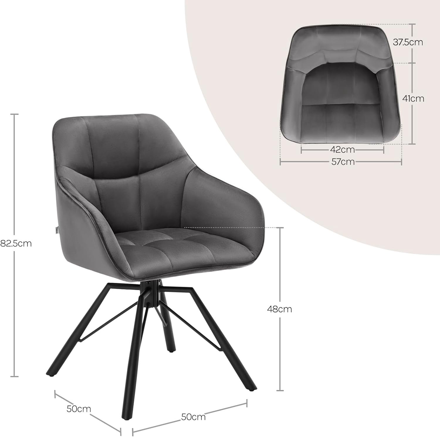 Velora Luxe Draaibare Eetkamerstoelen Set van 4 met Fluwelen Bekleding, Ergonomische Rugleuning en Armleuningen, 360° Draaibare Keukenstoelen met Metalen Onderstel, Grijze Gestoffeerde Stoelen voor Eetkamer, Woonkamer en Make-uptafel
