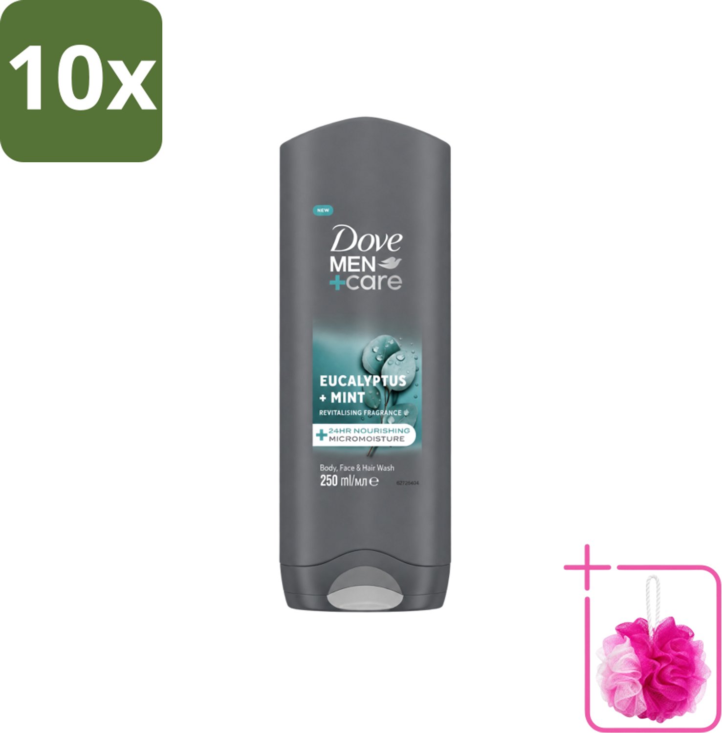 10 x Dove Men+Care Douchegel - Eucalyptus & Mint - 250 ml - Bulkverpakking - Douchegel voor mannen - Douchemop - Hydratatie huid