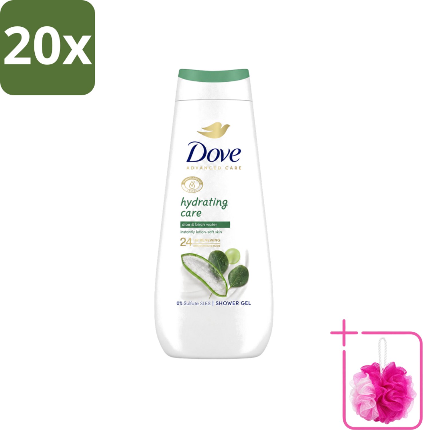 20 x Dove Douchecrème - Hydrating Care - Aloe Vera - 400 ml - Bulkverpakking - Douchecrème - Douchemop - Hydraterende douchegel