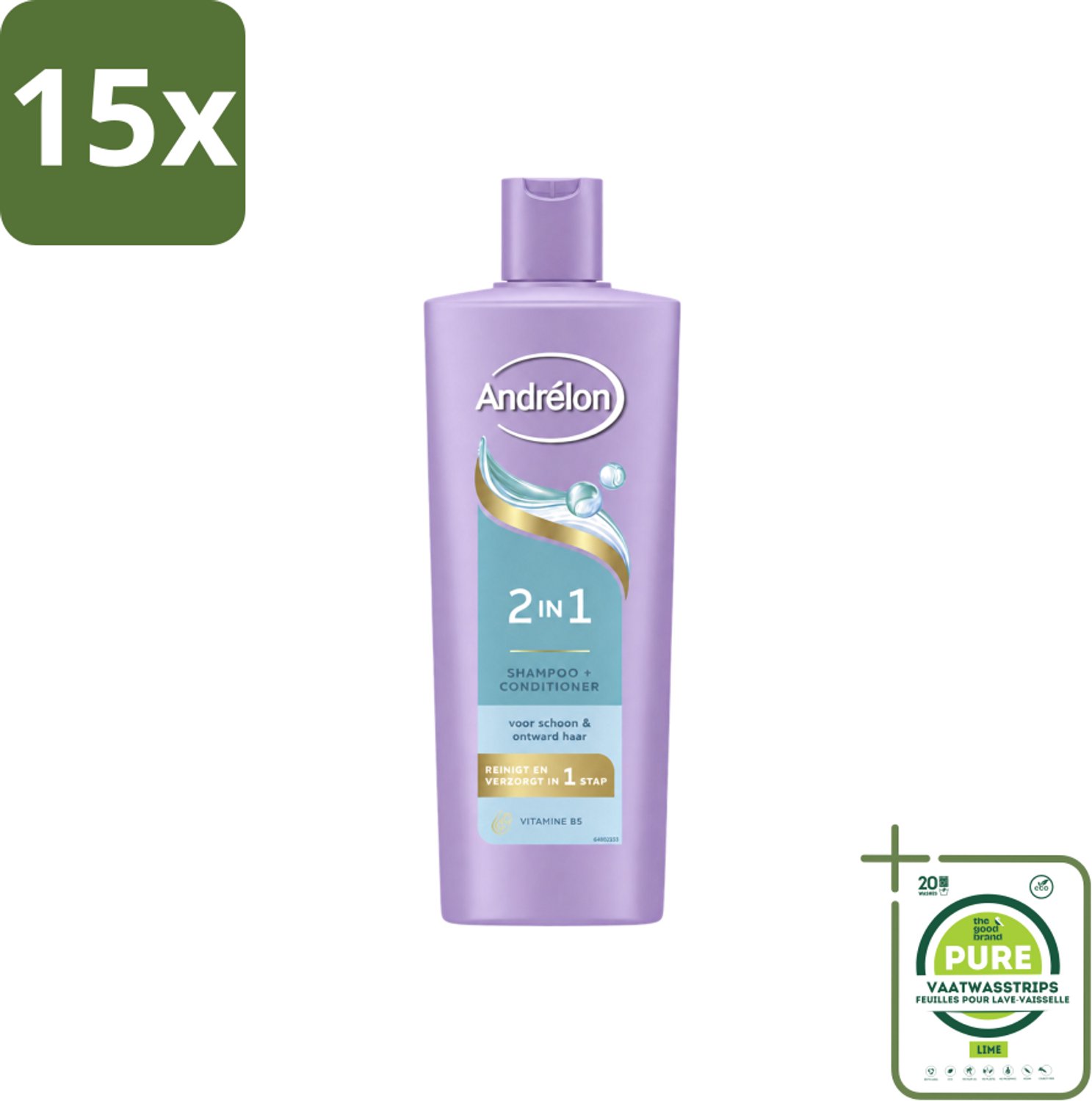 15 x Andrélon – Shampoo 2-in-1 – Iedere Dag – 400 ml - Grootverpakking - Vaatwasstrips - Haar Verzorgen - Haar Reinigen - Shampoo En Conditioner - Vitamine B5 - 2-in-1 Shampoo