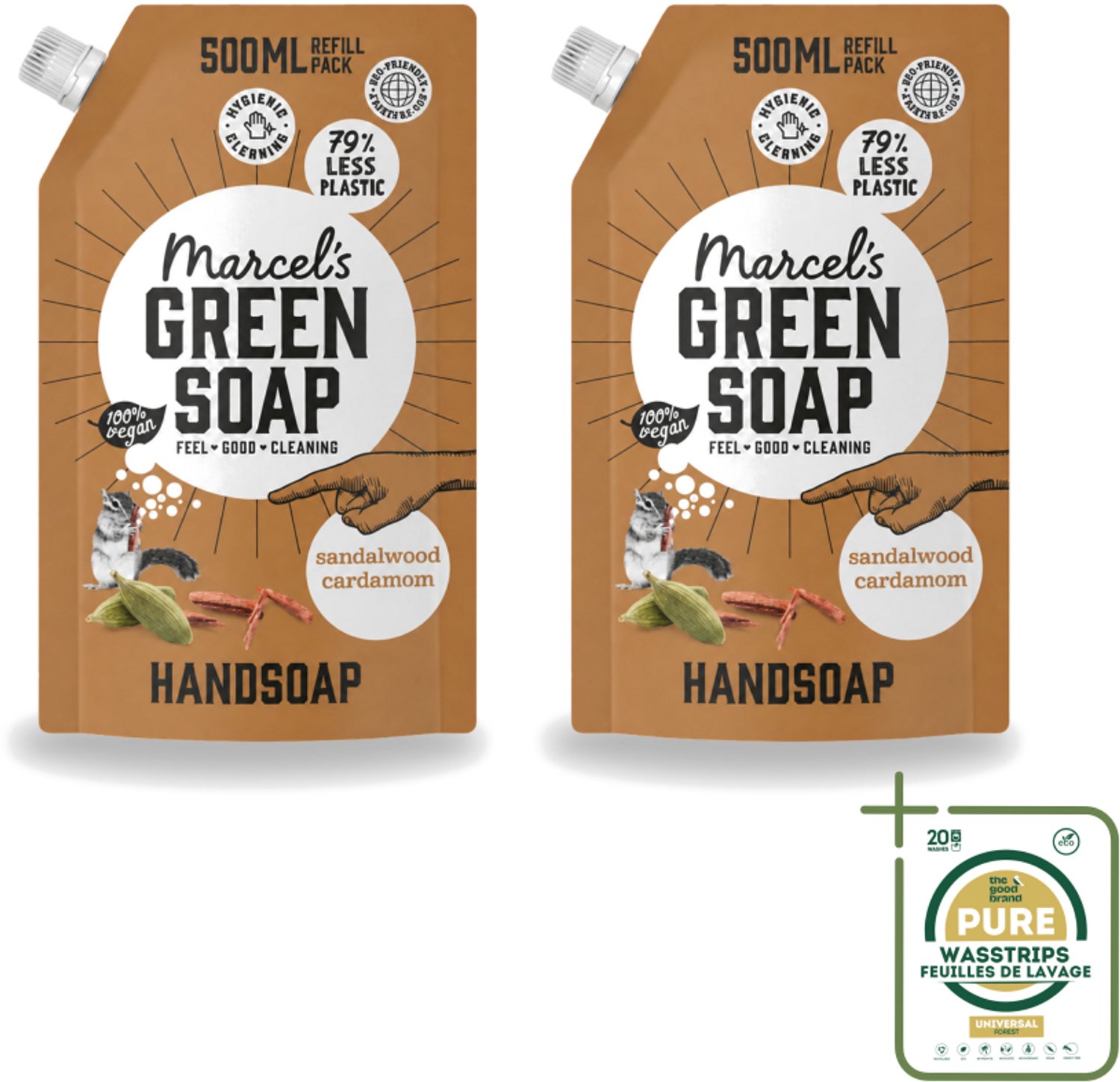 2 x Marcel’s Green Soap – Handzeep Navulling – Sandelhout & Kardemom – 500 ml - Wasstrips - Handzeep Navulling - Sandelhout En Kardemom - Natuurlijke Handzeep - Duurzame Handzeep - Geurige Handzeep