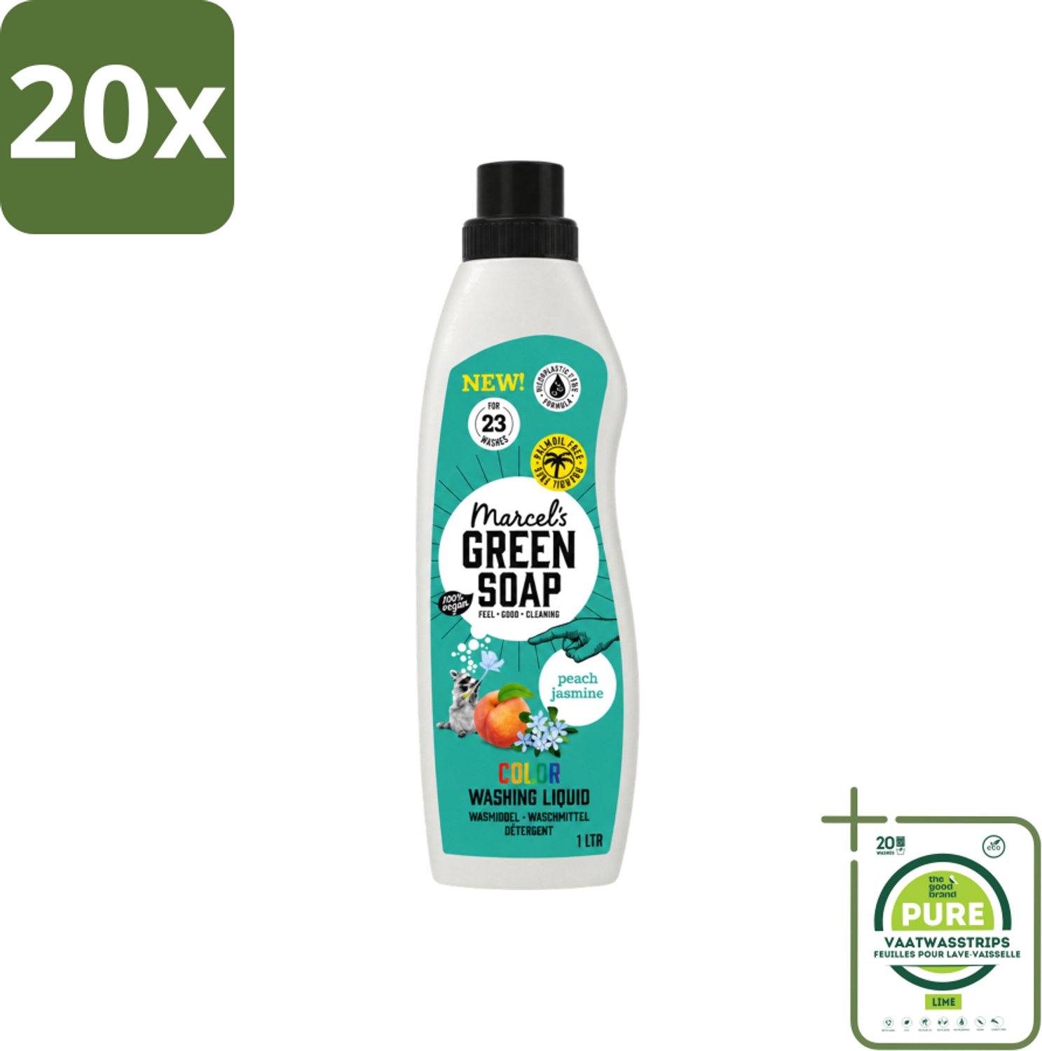 20 x Marcel's Green Soap - Vloeibaar Wasmiddel - Kleur - Perzik & Jasmijn - Effectief & natuurlijk - 23 Wasbeurten - 1 liter - Grootverpakking - Vaatwasstrips - Wasmiddel - Natuurlijk Wasmiddel - Kleur Behoud - Duurzaam Wasmiddel - Palmolie Vrij