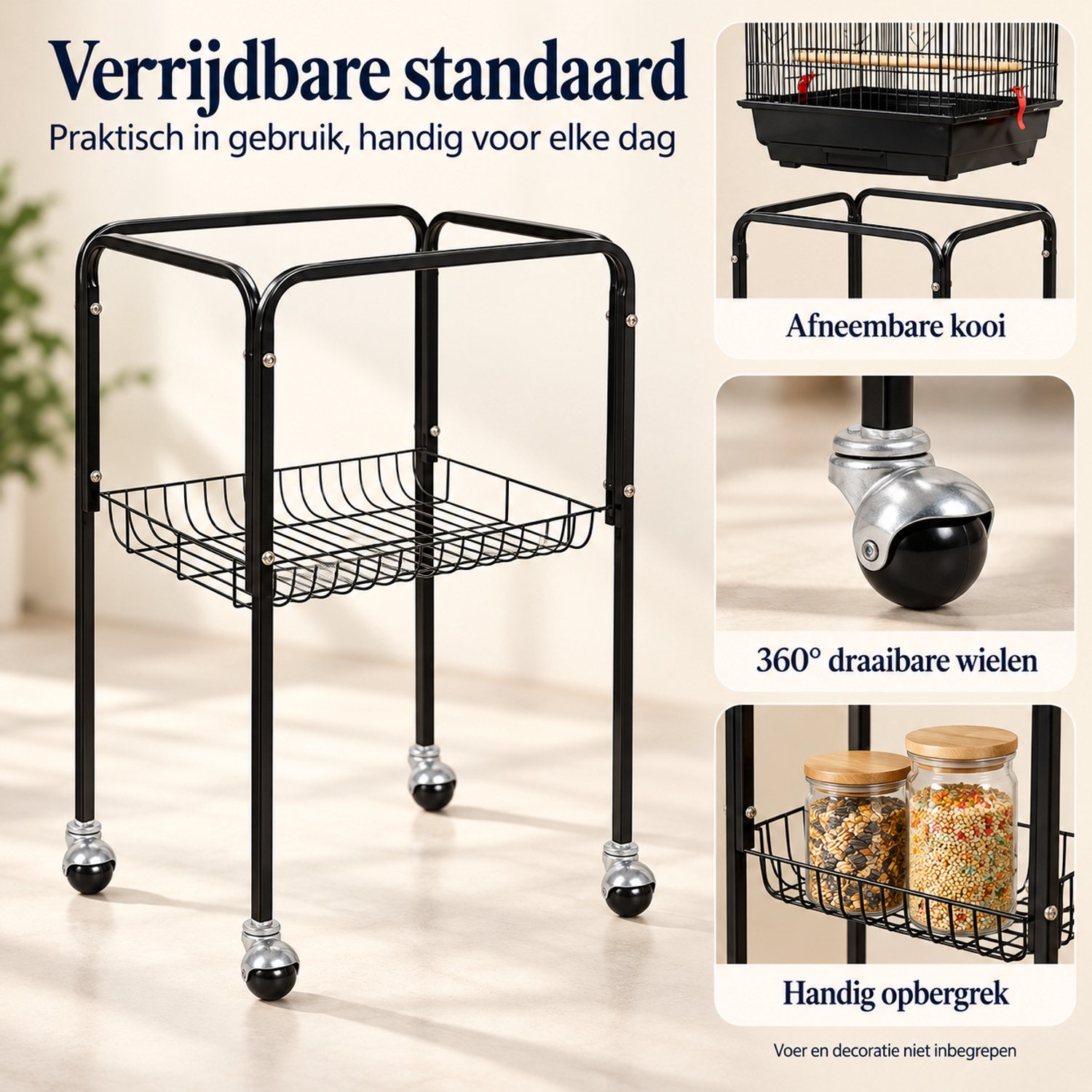Papa Simba Vogelkooi met Standaard – Open Dak met Zitplaats – 4 Voerbakken – Verrijdbaar – Zwart – HMTM-10002-Black thumbnail 6
