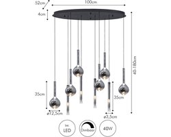 Atmooz BAHIA 10 – Hanglamp – Ovale plafondlamp met 10 pendels – 100 cm – Zwart metaal & gerookt glas – Geïntegreerde LED – Dimbaar – 2700K
