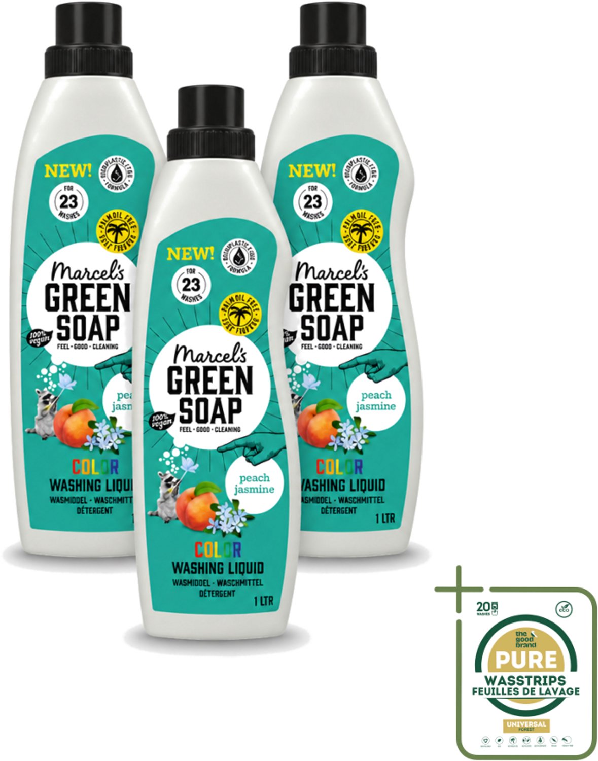 3 x Marcel's Green Soap - Vloeibaar Wasmiddel - Kleur - Perzik & Jasmijn - Effectief & natuurlijk - 23 Wasbeurten - 1 liter - Wasstrips - Wasmiddel - Geur Perzik En Jasmijn - Kleur Wasgoed - Duurzaam Wasmiddel - Palmolievrij