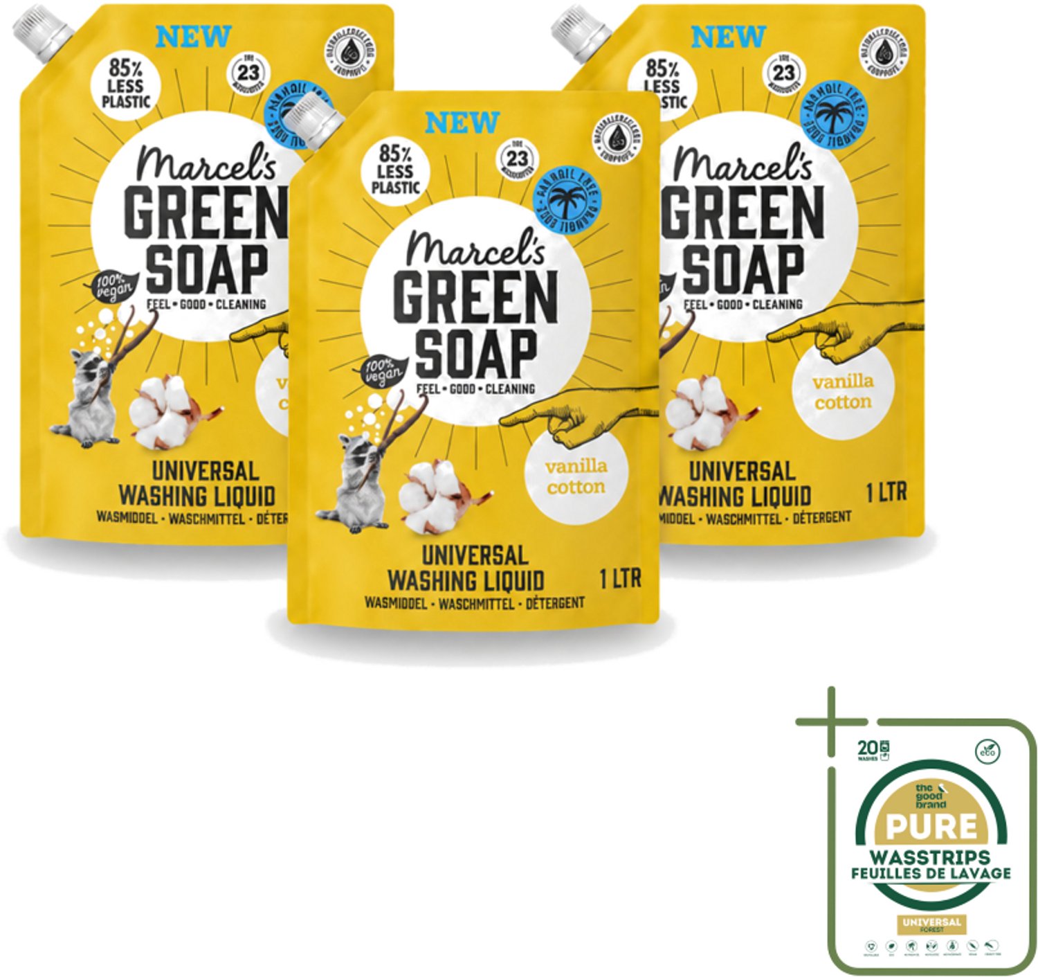 3 x Marcel's Green Soap - Vloeibaar Wasmiddel - Navulling - Vanille & Katoen - Effectief & natuurlijk - 23 Wasbeurten - 1 liter - Wasstrips - Wasmiddel - Natuurlijk Wasmiddel - Palmolievrij - Duurzaam Wasmiddel - Navul