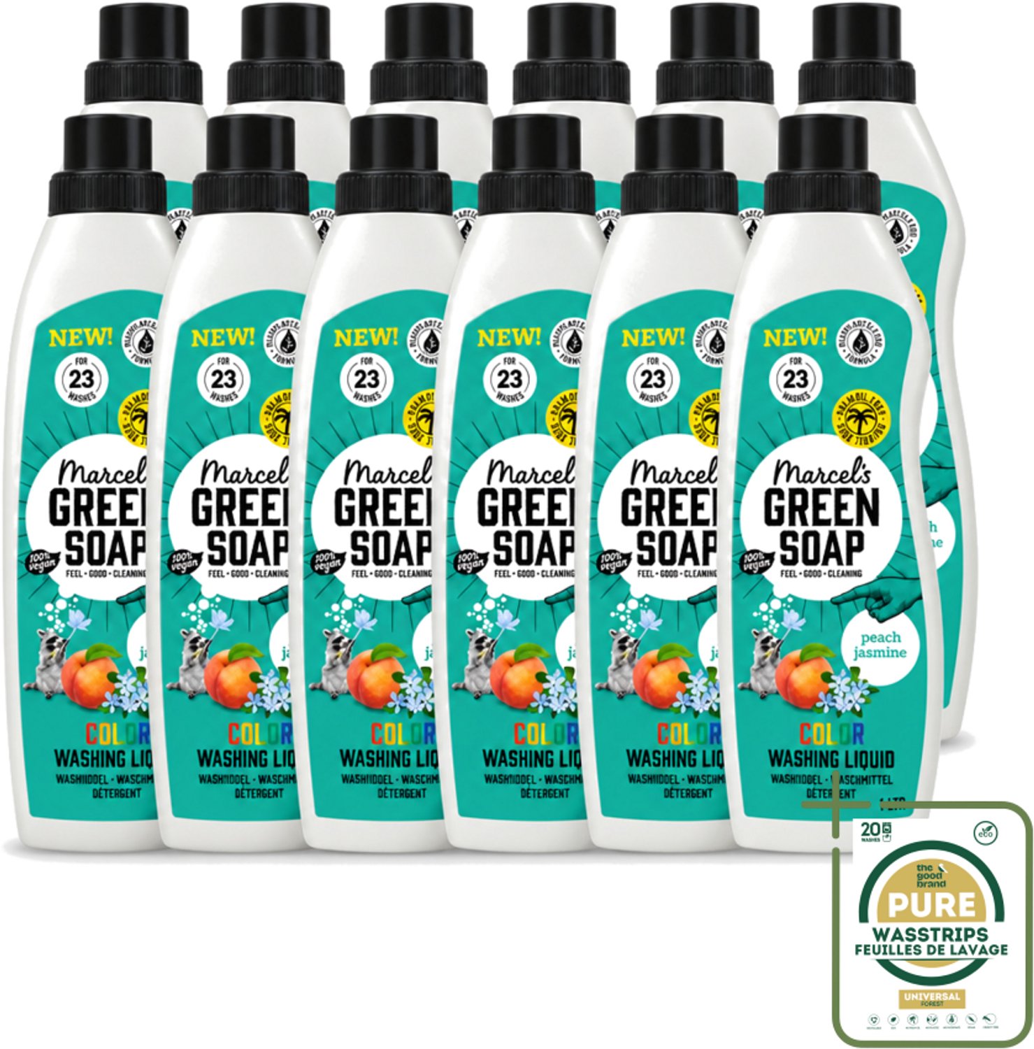 12 x Marcel's Green Soap - Vloeibaar Wasmiddel - Kleur - Perzik & Jasmijn - Effectief & natuurlijk - 23 Wasbeurten - 1 liter - Wasstrips - Wasmiddel - Geur Perzik En Jasmijn - Kleur Wasgoed - Duurzaam Wasmiddel - Palmolievrij