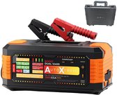 Zwarte en oranje AutoXtreme Boost Dual 12400 jumpstarter met rode en zwarte startkabels en bijbehorende koffer.