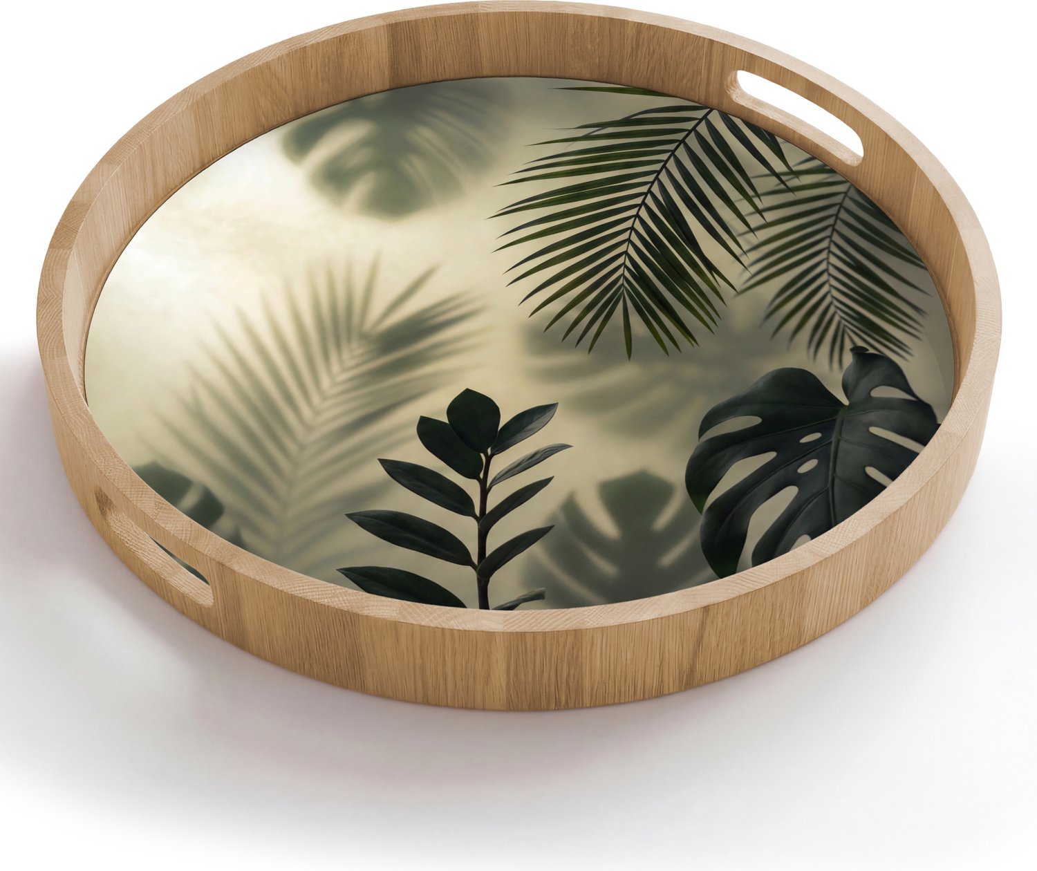 Dienblad rond 50x50 cm - Schootdienblad hout - Planten - Bladeren - Schaduwen - Groen - Modern - Borrelplank rechthoek - Plateau houten dienbladen