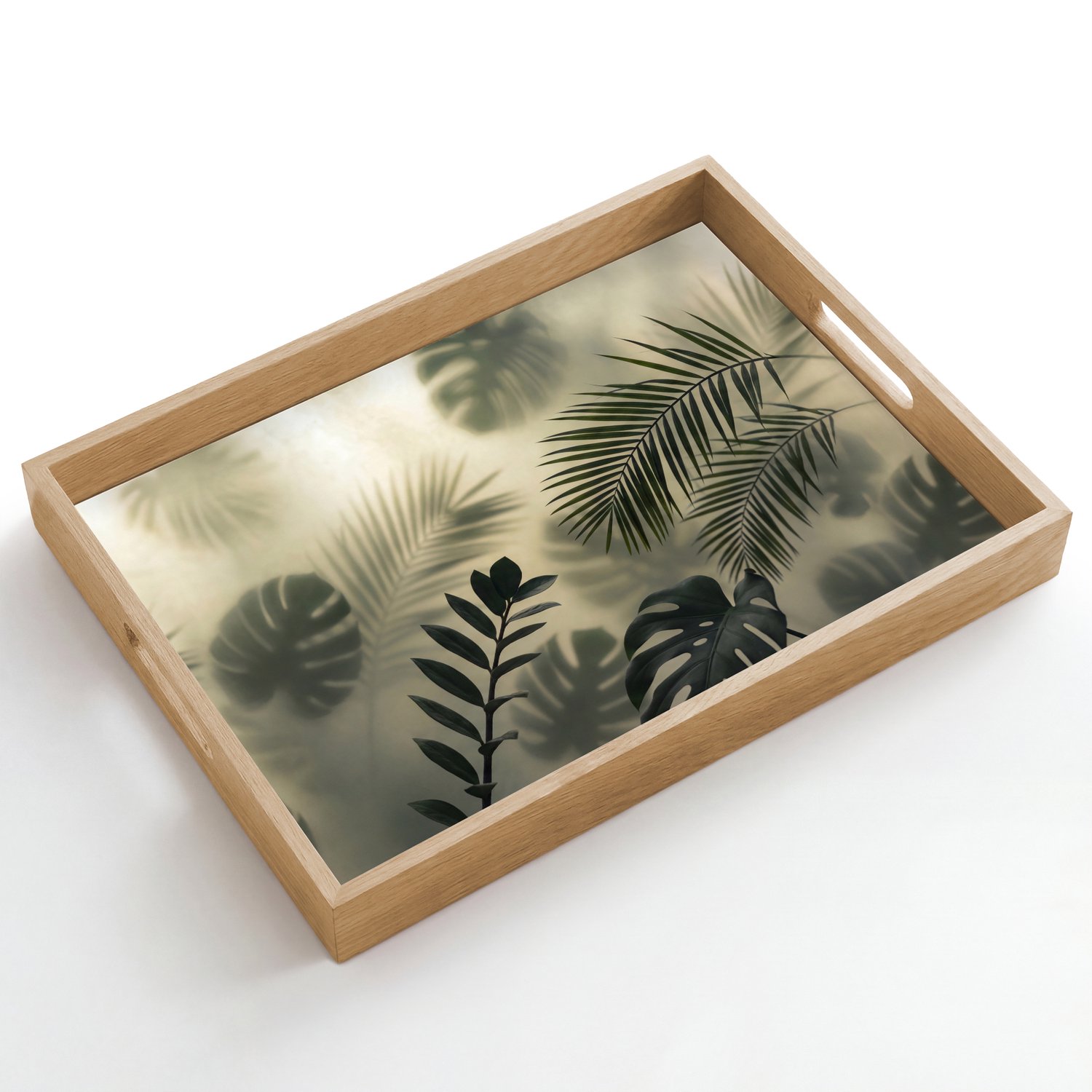 Dienblad hout 50x35 cm - Schootdienblad - Planten - Bladeren - Schaduwen - Groen - Modern - Borrelplank rechthoek - Plateau dienbladen