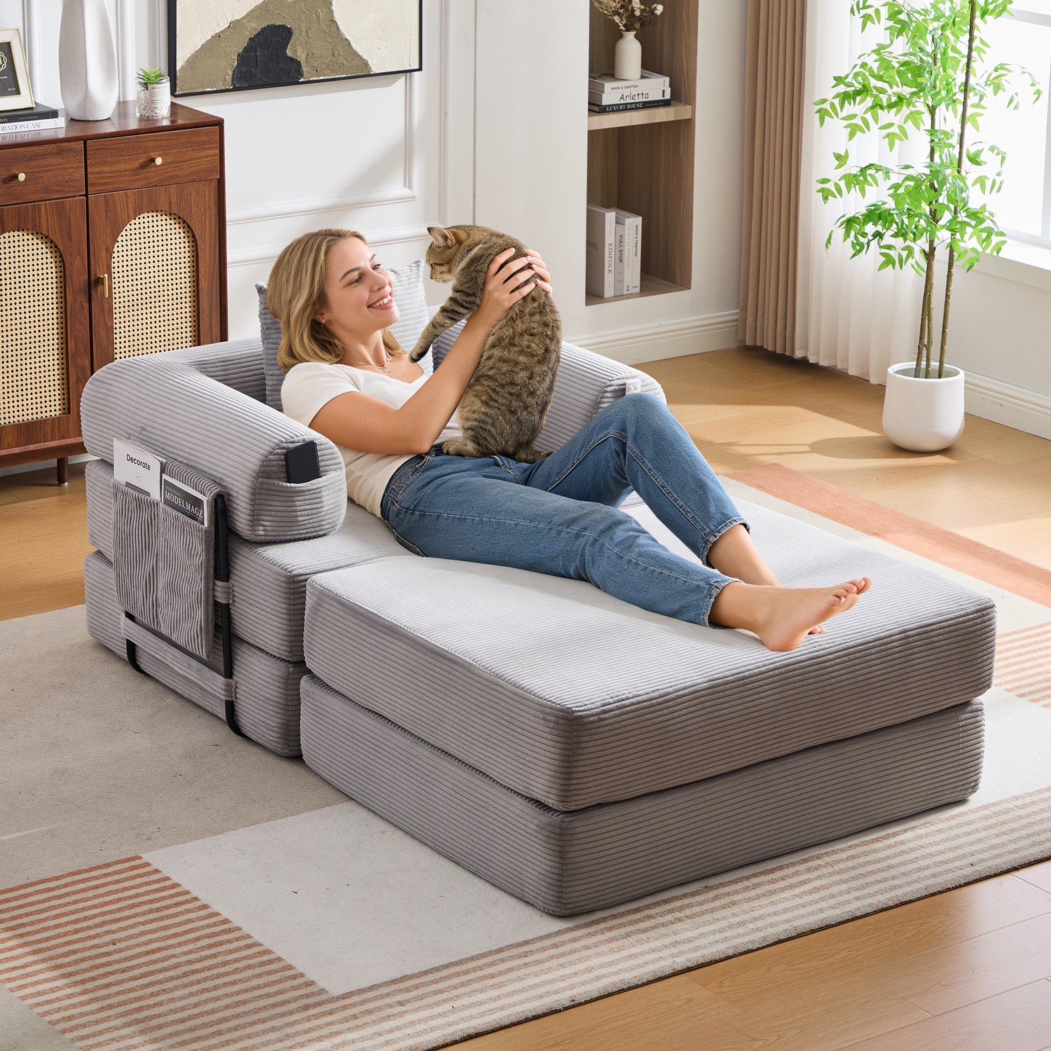 Welltin Fauteuil met hocker - metalen frame - opbergvak en kussen - ribstof - 112 x 190 x 67 cm - Lichtgrijs