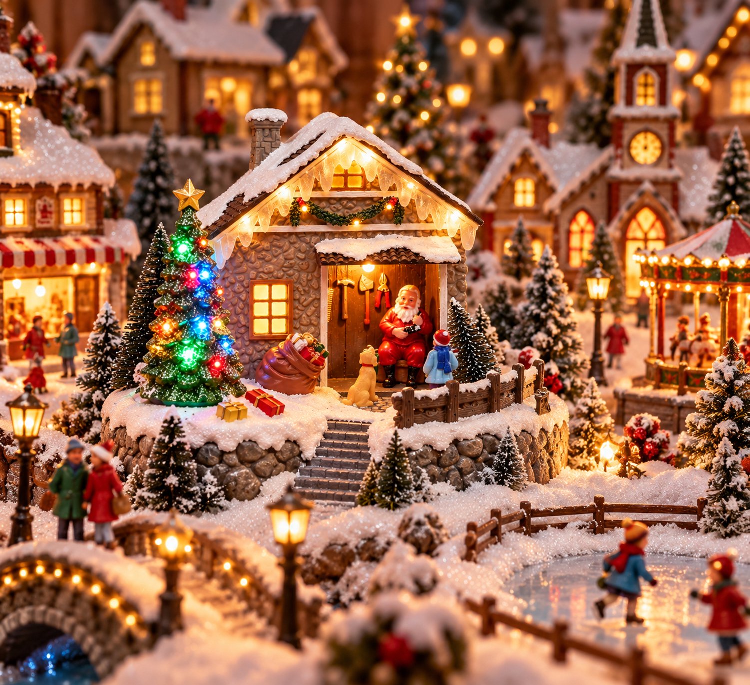 Gxmas Kerstdorp Kersthuisje met LED Verlichting en Beweging - 20 cm - Kerstman met Kerstboom - Kerstdorp Decoratie - Kerstversiering op Batterijen – foto 4