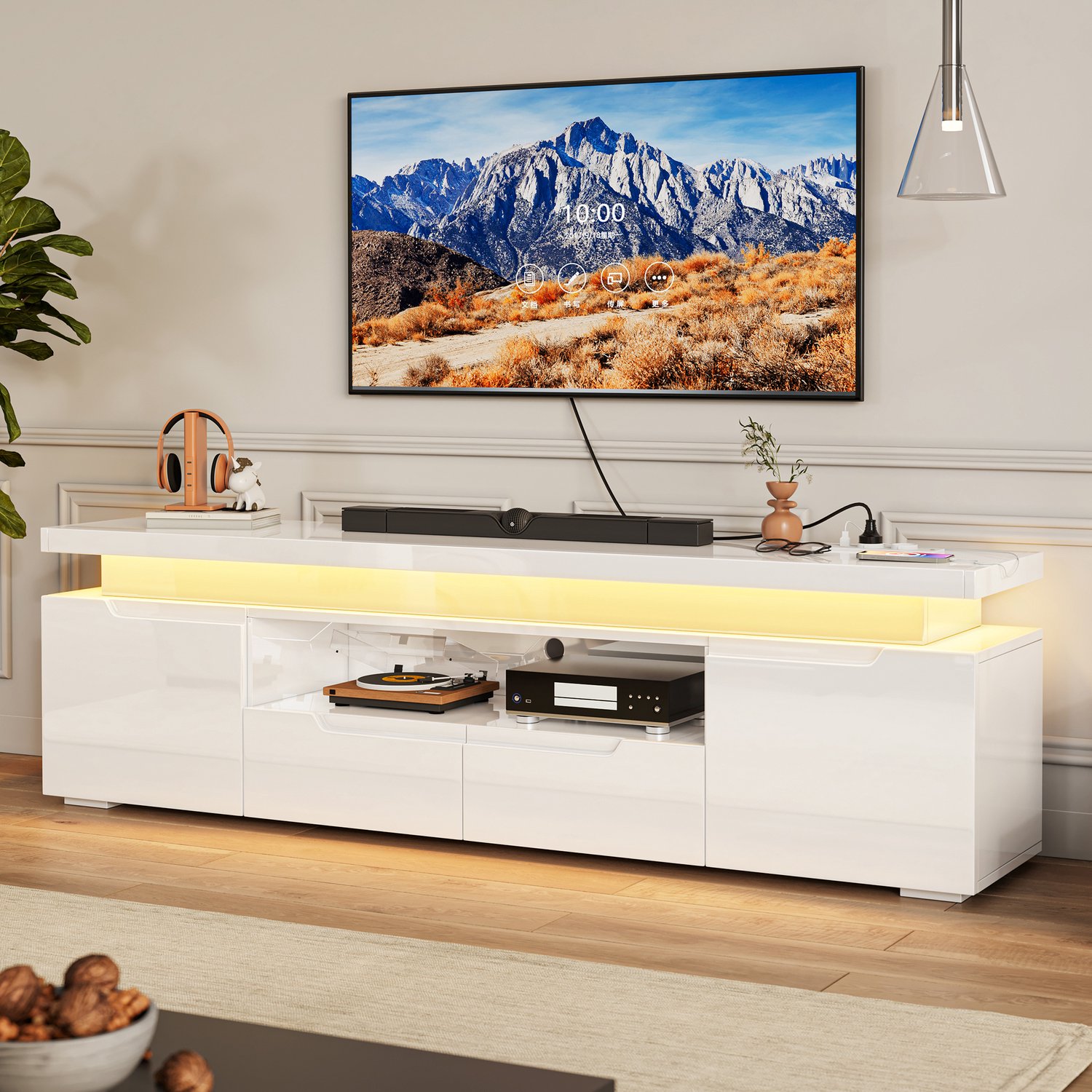 TV Meubel Wit, Glanzende tv-kast met led-verlichting en oplaadpoorten, 2 Deuren En 2 Lade En Open Vak, 180x35x52cm, Voor Televisie Tot 75 Inch