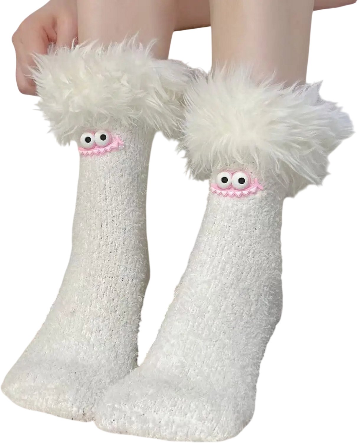 1 Paar Dames Warme Sokken – Zachte Fleece Slaapsokken Dikke Huissokken met Cartoonprint Comfortabele Pantoffelsokken Warme Vloersokken voor Dames Wit
