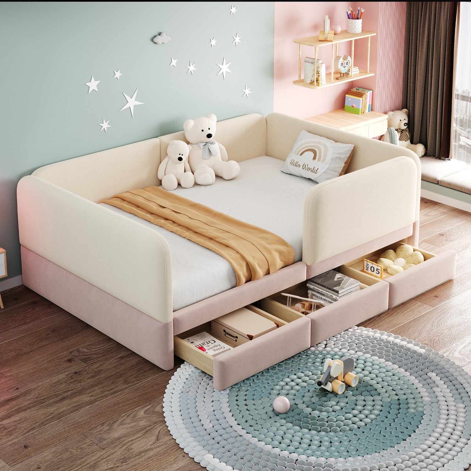 WUVRIE Kinderbed 140x200 cm - Fluwelen bekleding, veiligheidsrand en 3 lades - Beige/roze