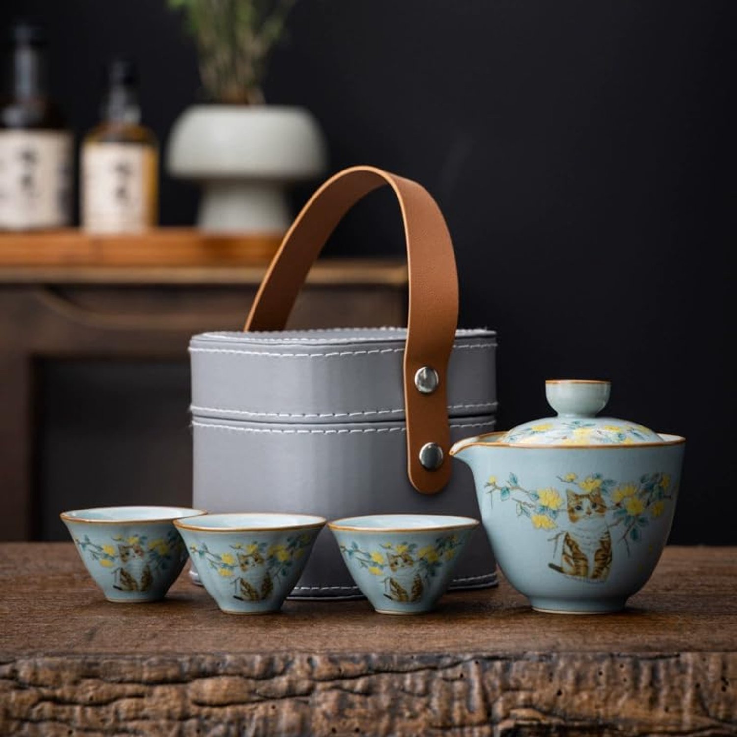 Reis Theeservice in Blauw met Keramische Kopjes