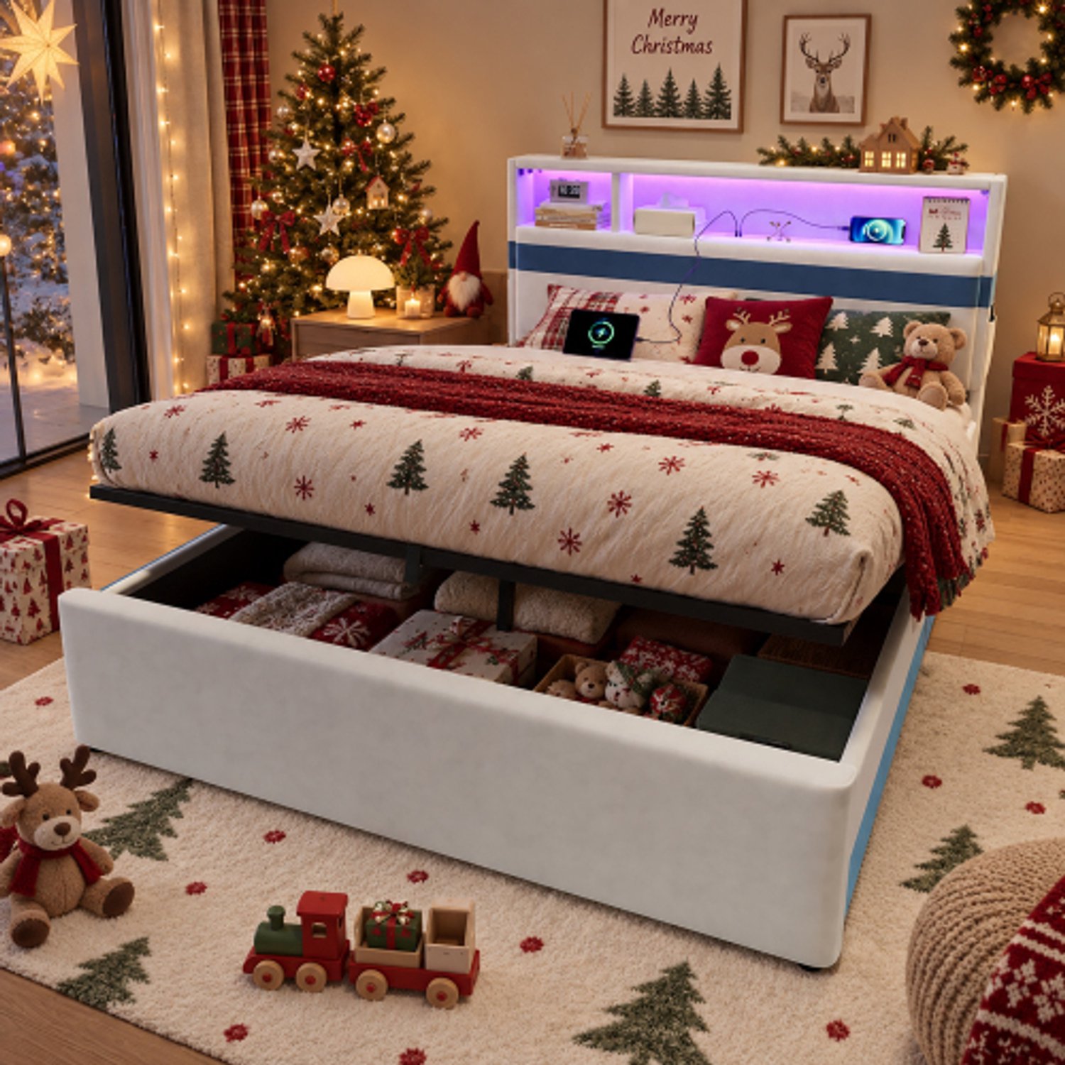 Zubaliya Wit & Blauw Fluwelen Twijfelaar Bed 140x200 cm met Hydraulische Opbergruimte & LED - Gepolsterd Bed met USB Oplaadstation & Zijtassen - Wit & Blauw Wit met Blauw