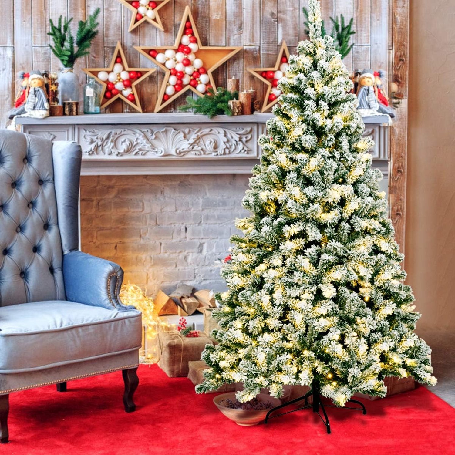 KOMFOTTEU Kunstkerstboom met leds, warmwit - kunstdennenboom wit met sneeuw - decoratieve boom voor Kerstmis, pvc-naalden en metalen standaard (182 cm) – foto 4