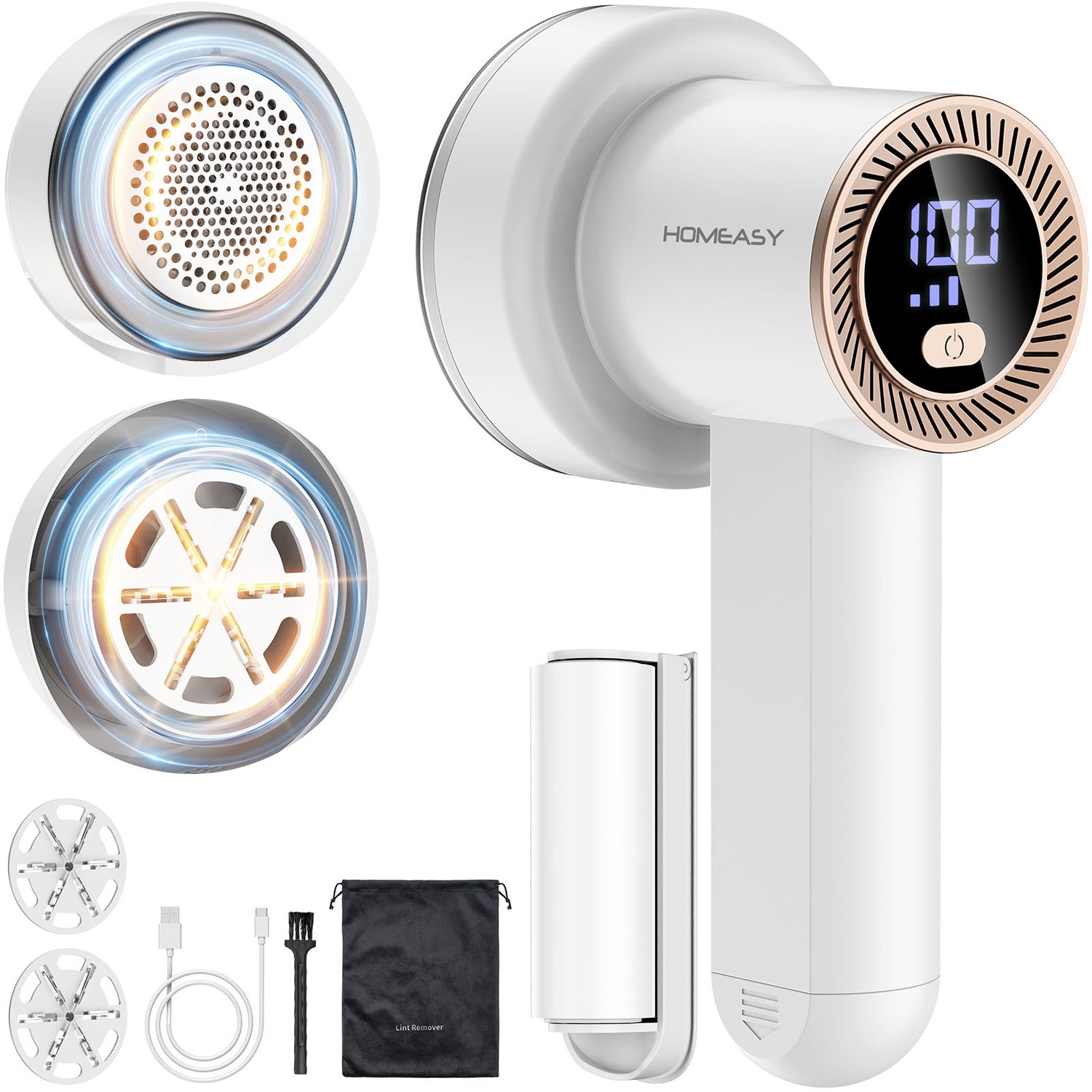 HOMEASY Elektrische Pluizenverwijderaar - Oplaadbare Pluizentondeuse - LED-display - 3 Snelheden - USB-C - Wit