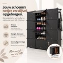 Zwarte modulaire schoenenkast voor 48 paar met details over duurzaamheid en eenvoudige montage zonder gereedschap.