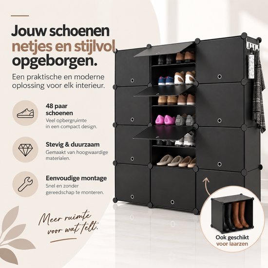 Zwarte modulaire schoenenkast voor 48 paar met details over duurzaamheid en eenvoudige montage zonder gereedschap.