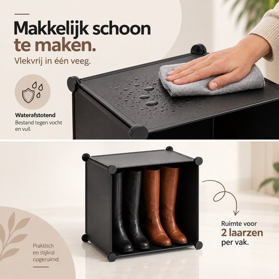 Zwart kunststof paneel wordt schoongemaakt met een doek; onderin een vak met bruine en zwarte laarzen.