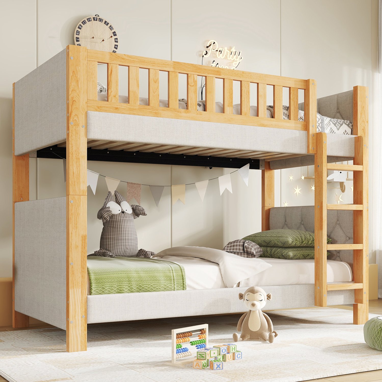 KOMHTOM Stapelbed - 90x200 cm - Rubberhout - Grijs - Naturel - Lattenbodem - Trap