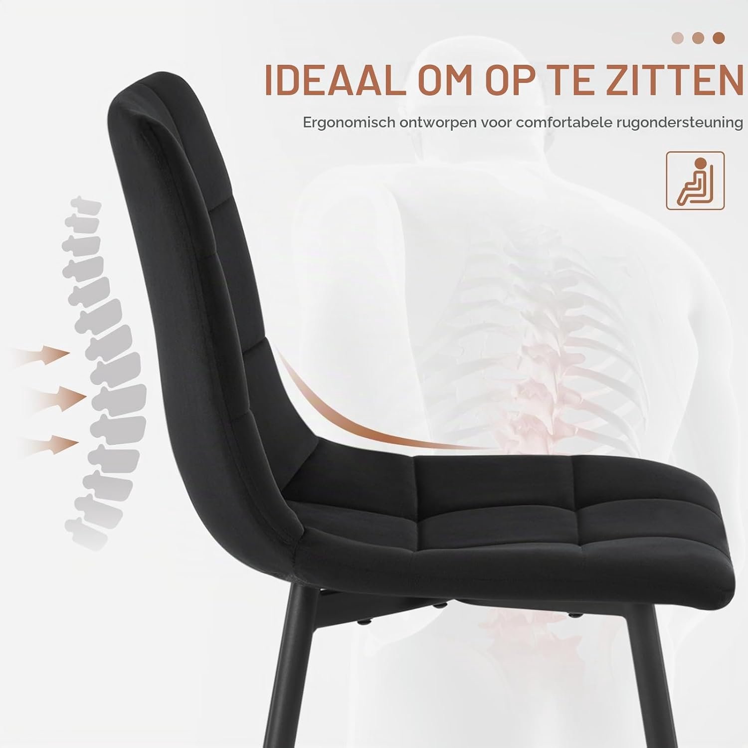 Set van 4 Velora Eetkamerstoelen Zwart Fluweel met Ergonomische Rugleuning, Luxe Gestoffeerde Keukenstoelen met Stabiel Metalen Kruisframe, Moderne Stoelen voor Eetkamer, Woonkamer en Slaapkamer