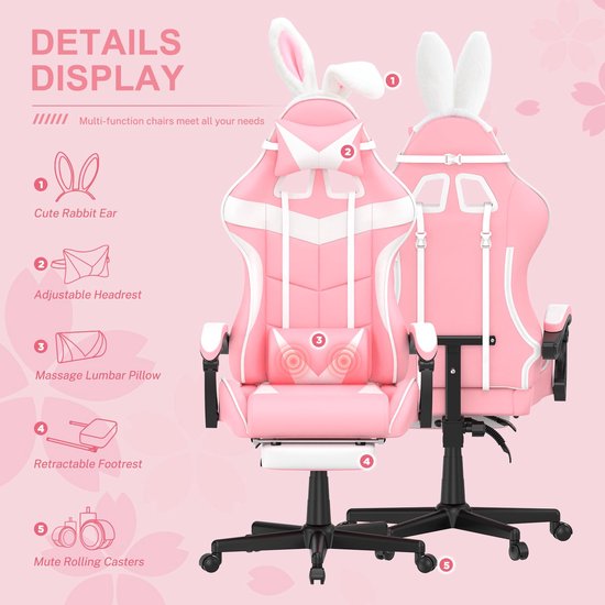 Gaming Stoel met Massagefunctie - Ergonomisch - Roze - Met Voetensteun van Wheel Stand Pro — afbeelding 4
