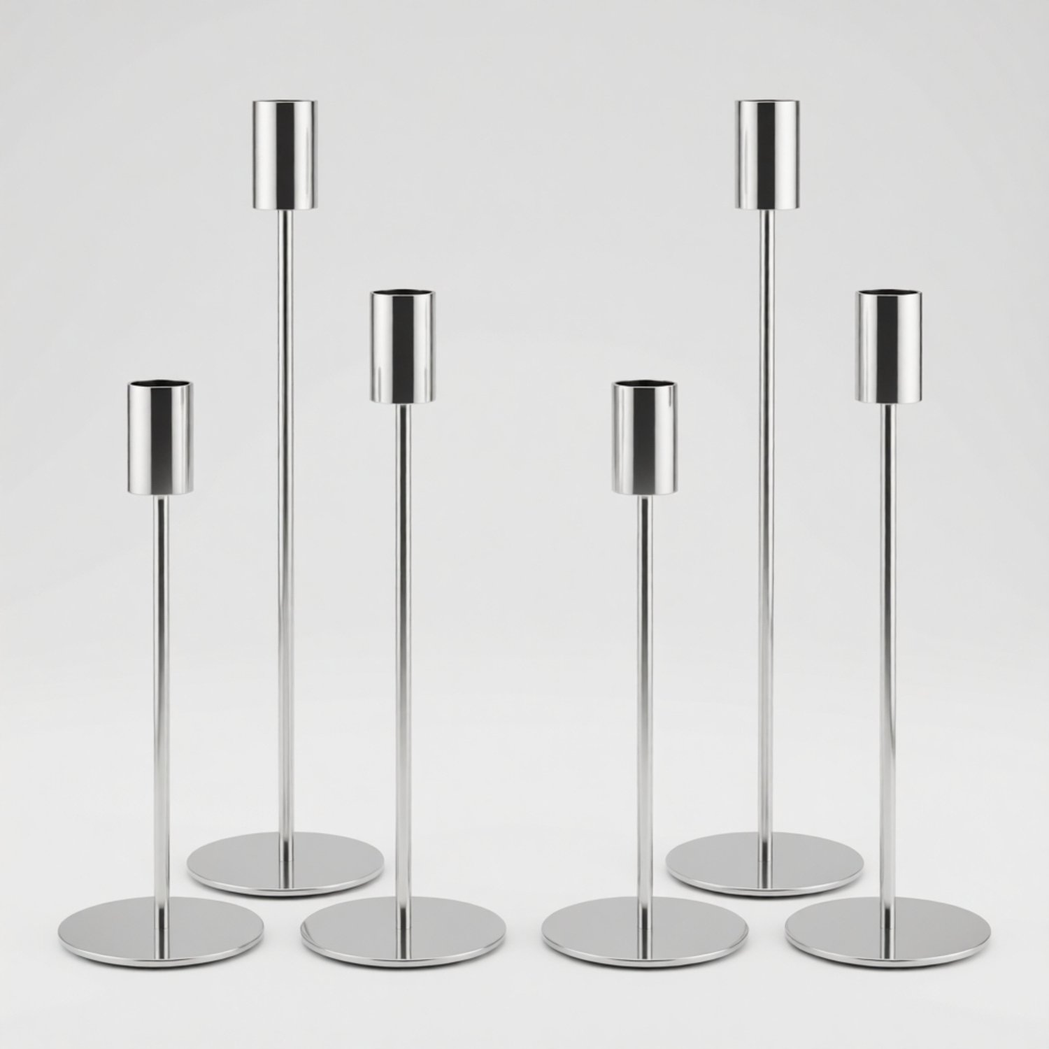 RALA Set van 6 vintage kandelaars voor staafkaarsen - Hoogte 33/28/23 cm - Metalen kaarsenhouders met zilveren chroomafwerking - Decoratief voor bruiloft, jubileum en woonkamer